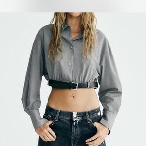 Zara Gray Boxy Cropped Button Down Shirt